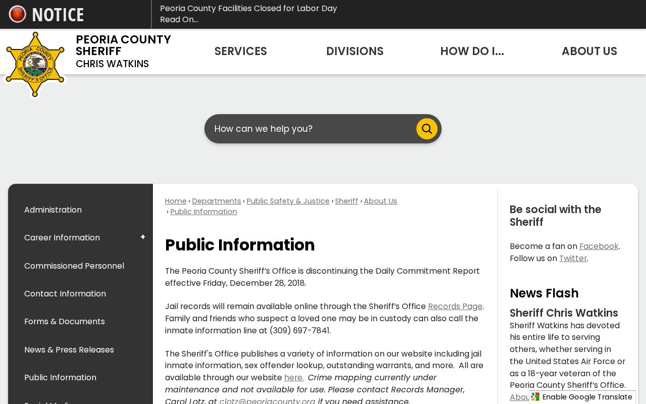 Peoria County Public Information page explaining the discontinued Daily Commitment Report
