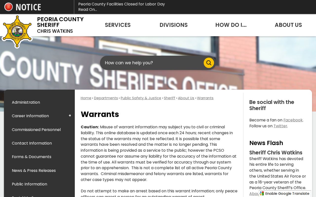 Peoria County arrest warrant information and verification page