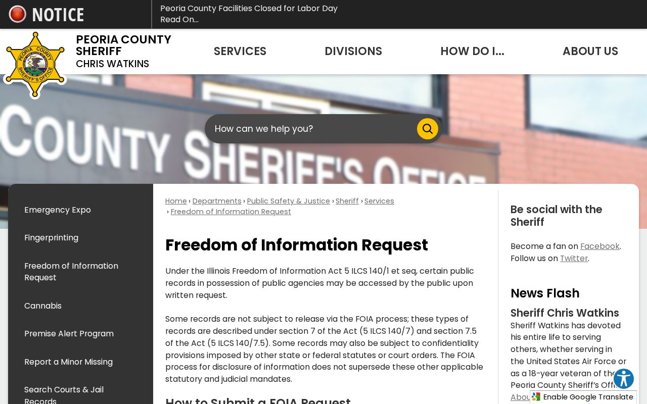 Peoria County arrest record and booking photo FOIA request page