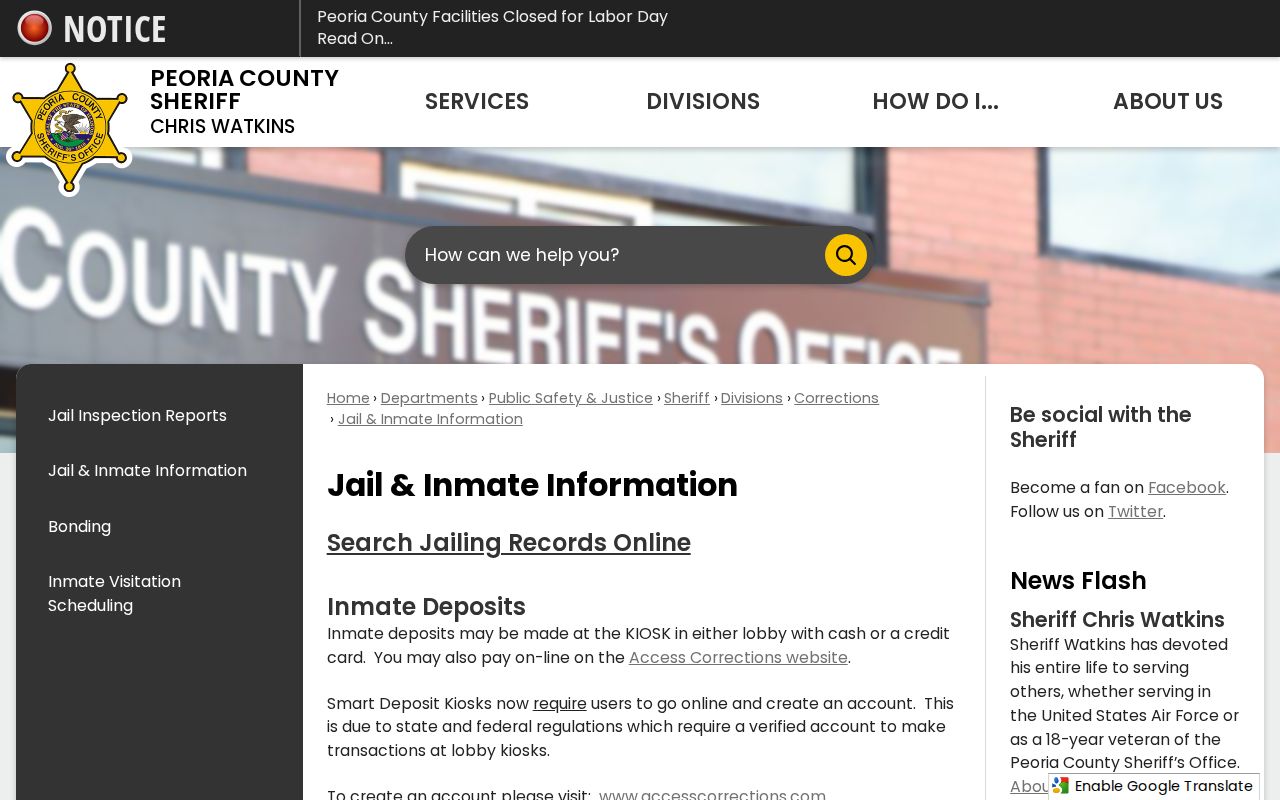Peoria County official jail inmate information page