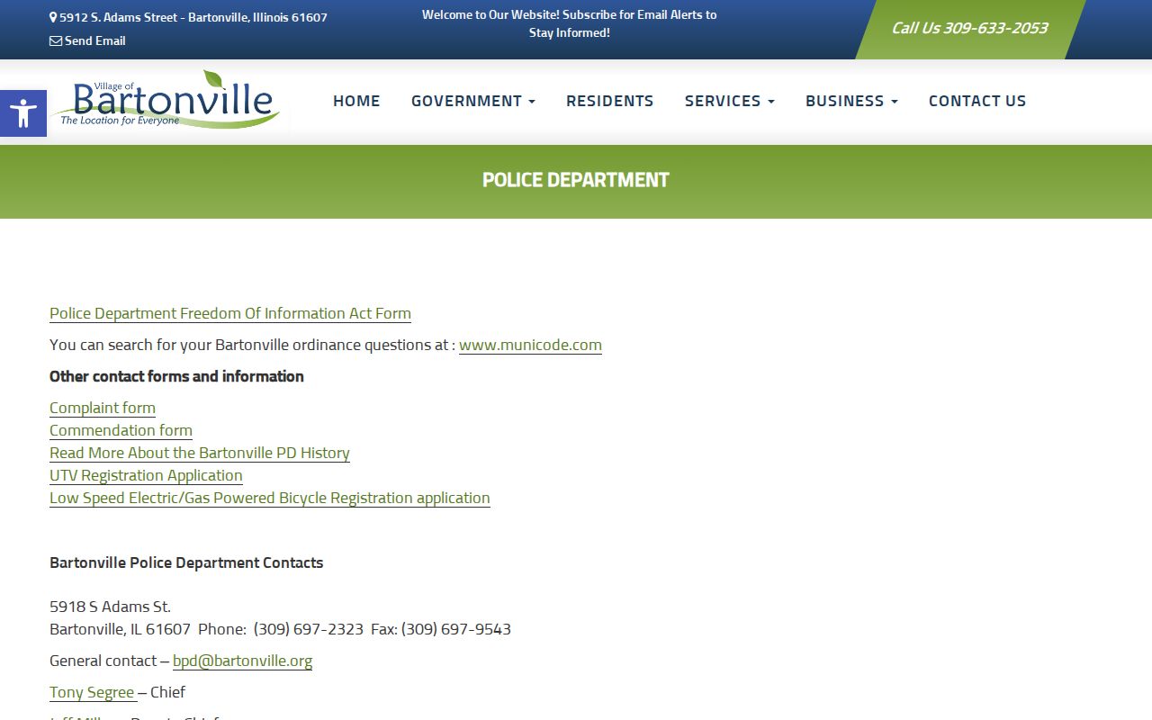 Bartonville Police Department official contact and records page