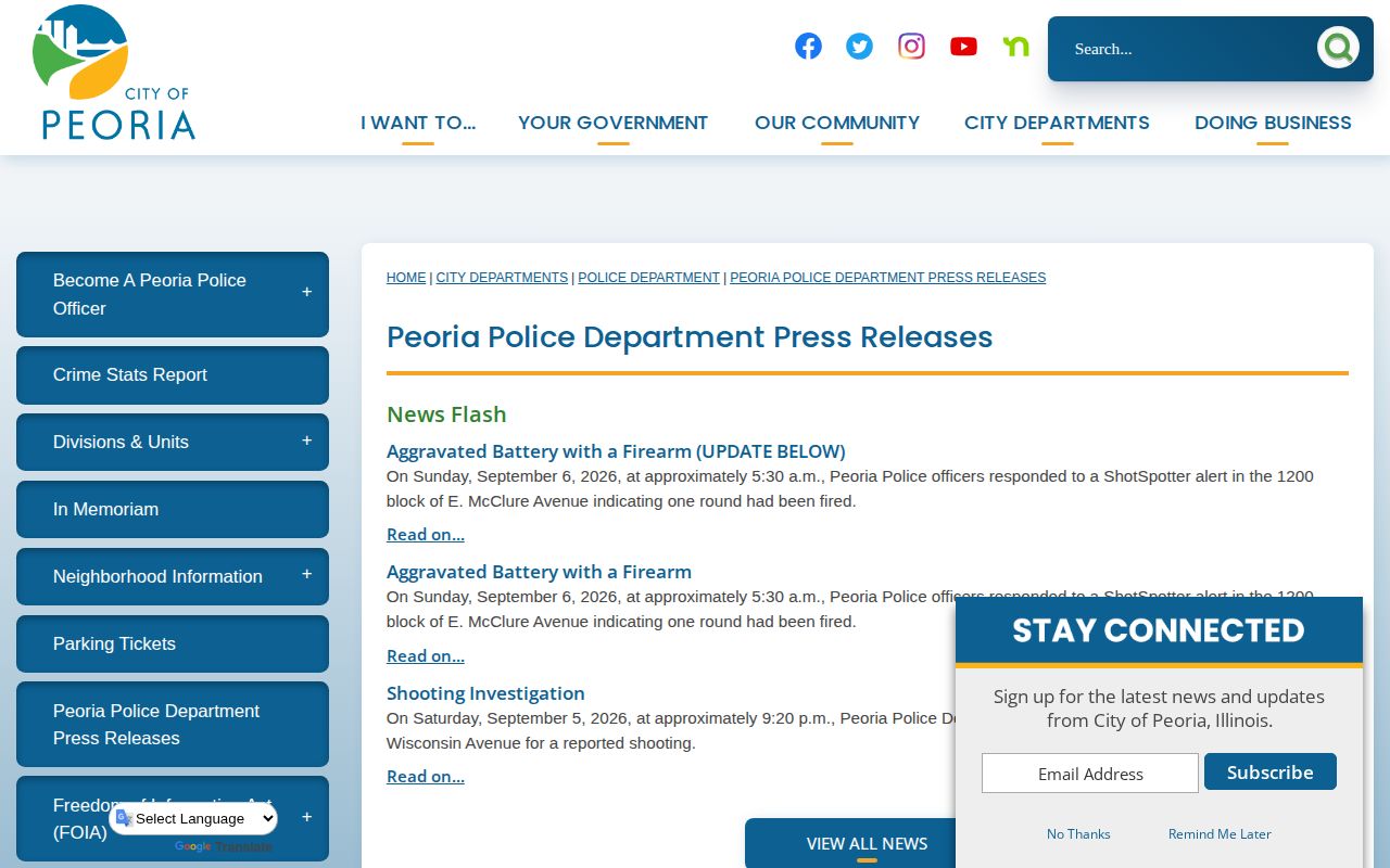 Peoria Police Department press releases page for city arrest and incident announcements