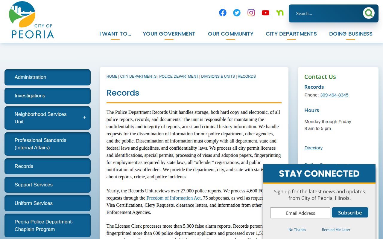 Peoria Police Records page with official ways to request city police records
